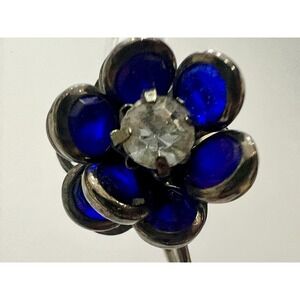 Vintage Cobalt Blue Glass Floral Clip On Earrings‎ Art Deco Rhinestone Flower